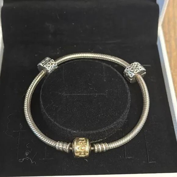 Authentic Pandora *14k* Gold and Silver Charm Bracelet -includes 2 Swirl Spacers